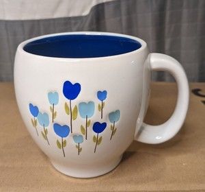 2007 Starbucks Coffee Mug Spring Hearts Blue Flowers Cobalt 16 Ounce Cup